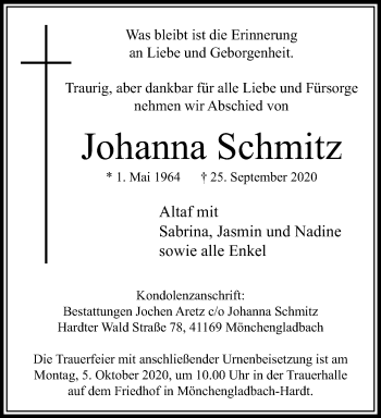 Traueranzeige von Johanna Schmitz von trauer.extra-tipp-moenchengladbach.de