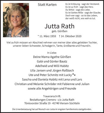 Traueranzeige von Jutta Rath von trauer.extra-tipp-moenchengladbach.de