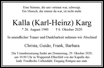 Traueranzeige von Karl-Heinz Karg von trauer.wuppertaler-rundschau.de