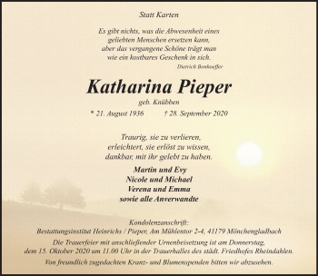 Traueranzeige von Katharina Pieper von trauer.extra-tipp-moenchengladbach.de