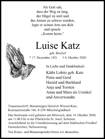 Traueranzeige von Luise Katz von trauer.extra-tipp-moenchengladbach.de