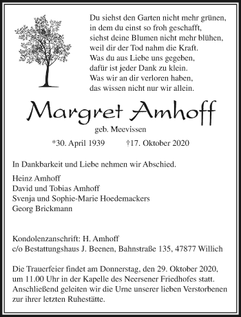 Traueranzeige von Margret Amhoff von trauer.extra-tipp-moenchengladbach.de