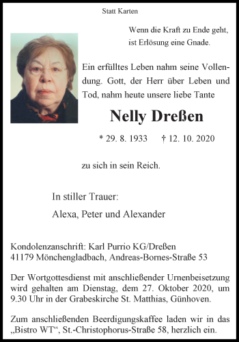 Traueranzeige von Nelly Dreßen von trauer.extra-tipp-moenchengladbach.de