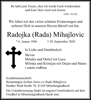 Traueranzeige von Radojka Mihajlovic von trauer.extra-tipp-moenchengladbach.de