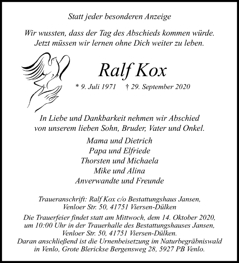  Traueranzeige für Ralf Kox vom 11.10.2020 aus trauer.extra-tipp-moenchengladbach.de