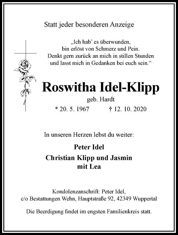  Traueranzeige für Roswitha Idel-Klipp vom 24.10.2020 aus trauer.wuppertaler-rundschau.de