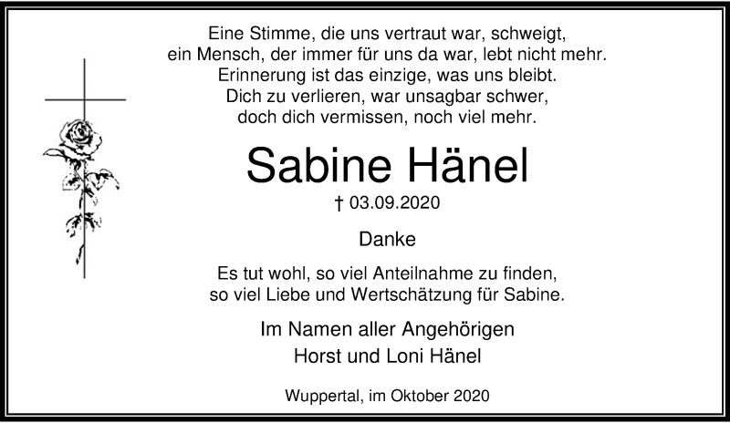  Traueranzeige für Sabine Hänel vom 10.10.2020 aus trauer.wuppertaler-rundschau.de