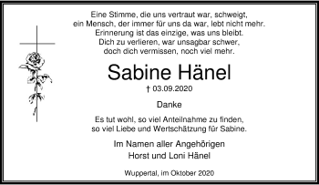 Traueranzeige von Sabine Hänel von trauer.wuppertaler-rundschau.de