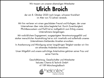 Traueranzeige von Ulrich Broich von trauer.extra-tipp-moenchengladbach.de