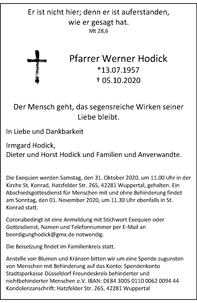  Traueranzeige für Werner Hodick vom 17.10.2020 aus trauer.wuppertaler-rundschau.de