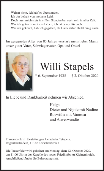 Traueranzeige von Willi Stapels von trauer.extra-tipp-moenchengladbach.de