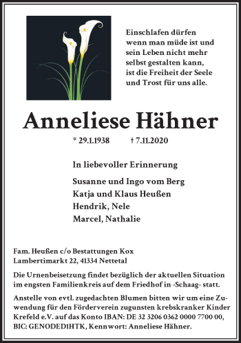 Traueranzeige von Anneliese Hähner von trauer.extra-tipp-moenchengladbach.de