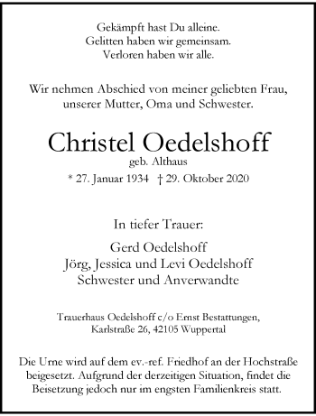 Traueranzeige von Christel Oedelshoff von trauer.wuppertaler-rundschau.de