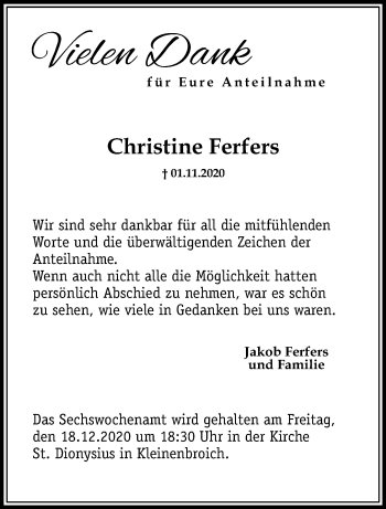 Traueranzeige von Christine Ferfers von trauer.extra-tipp-moenchengladbach.de