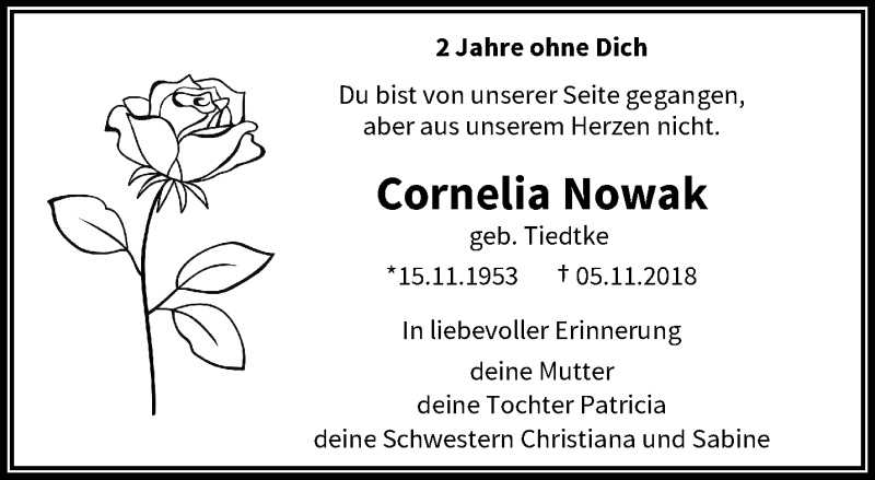  Traueranzeige für Cornelia Nowak vom 07.11.2020 aus trauer.wuppertaler-rundschau.de