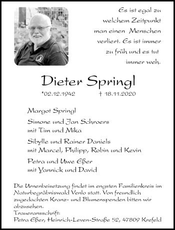 Traueranzeige von Dieter Springl von trauer.mein.krefeld.de