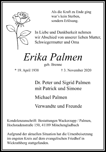 Traueranzeige von Erika Palmen von trauer.extra-tipp-moenchengladbach.de