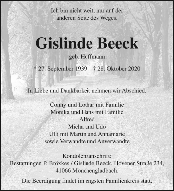 Traueranzeige von Gislinde Beeck von trauer.extra-tipp-moenchengladbach.de