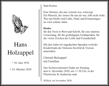 Traueranzeige von Hans Holzappel von trauer.extra-tipp-moenchengladbach.de