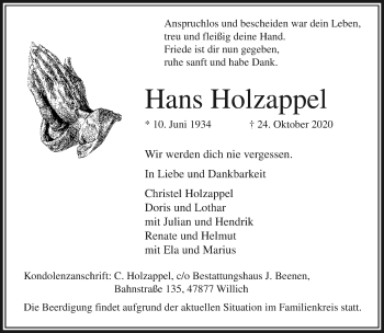 Traueranzeige von Hans Holzappel von trauer.extra-tipp-moenchengladbach.de