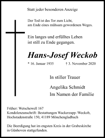 Traueranzeige von Hans-Josef Weckob von trauer.extra-tipp-moenchengladbach.de