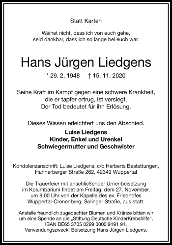 Traueranzeige von Hans Jürgen Liedgens von trauer.wuppertaler-rundschau.de