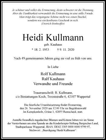 Traueranzeige von Heidi Kullmann von trauer.wuppertaler-rundschau.de