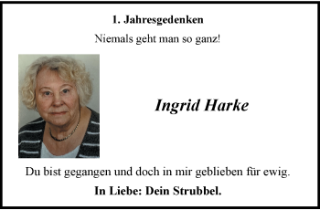 Traueranzeige von Ingrid Harke von trauer.wuppertaler-rundschau.de