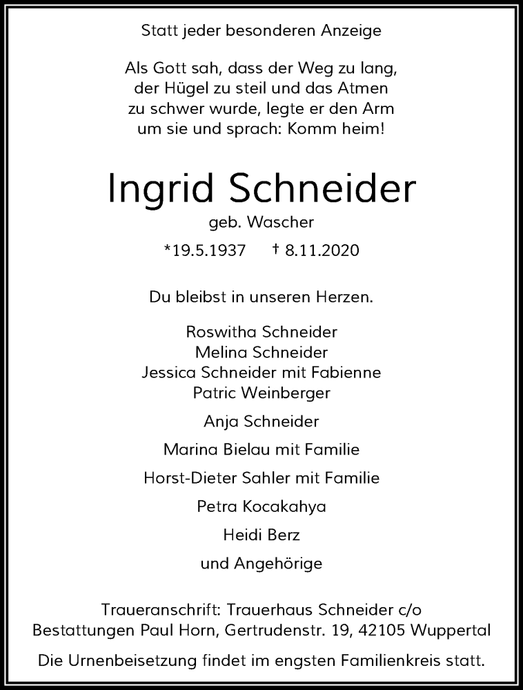 Traueranzeigen Von Ingrid Schneider Trauer Und Gedenken