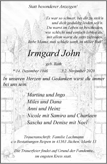 Traueranzeige von Irmgard John von trauer.stadt-kurier.de