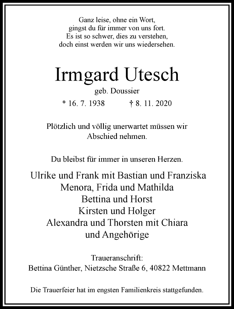  Traueranzeige für Irmgard Utesch vom 21.11.2020 aus trauer.wuppertaler-rundschau.de