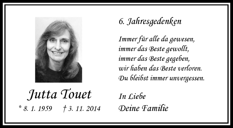  Traueranzeige für Jutta Touet vom 07.11.2020 aus trauer.wuppertaler-rundschau.de