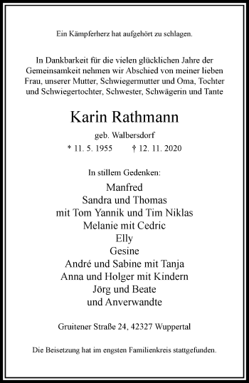 Traueranzeige von Karin Rathmann von trauer.wuppertaler-rundschau.de