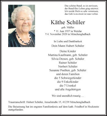 Traueranzeige von Käthe Schüler von trauer.extra-tipp-moenchengladbach.de