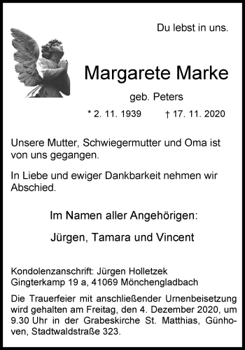 Traueranzeige von Margarete Marke von trauer.extra-tipp-moenchengladbach.de