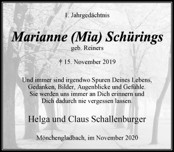 Traueranzeige von Marianne Schürings von trauer.extra-tipp-moenchengladbach.de