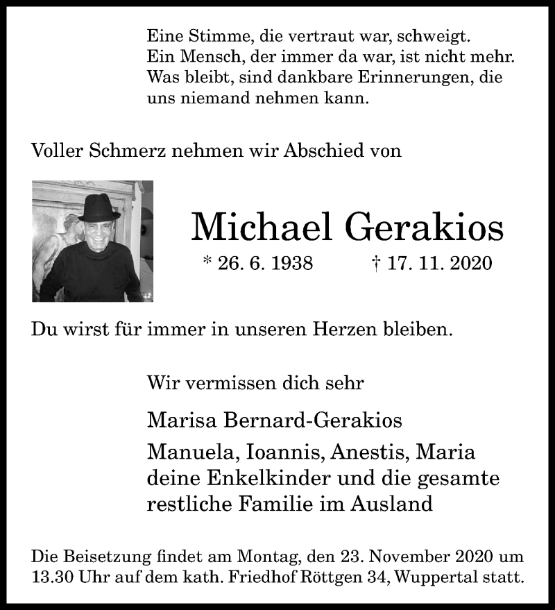  Traueranzeige für Michael Gerakios vom 21.11.2020 aus trauer.wuppertaler-rundschau.de