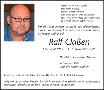 Traueranzeige von Ralf Claßen von trauer.extra-tipp-moenchengladbach.de