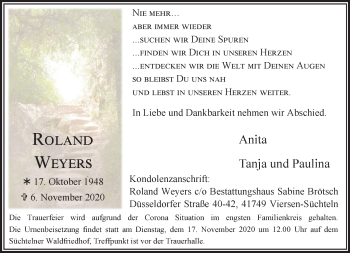 Traueranzeige von Roland Weyers von trauer.extra-tipp-moenchengladbach.de