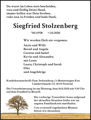 Traueranzeige von Siegfried Stolzenberg von trauer.extra-tipp-moenchengladbach.de