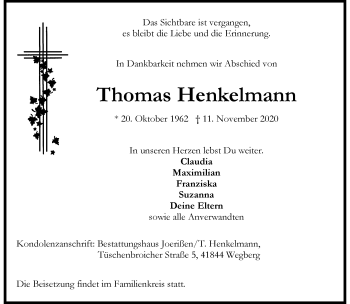 Traueranzeige von Thomas Henkelmann von trauer.extra-tipp-moenchengladbach.de