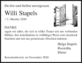 Traueranzeige von Willi Stapels von trauer.extra-tipp-moenchengladbach.de