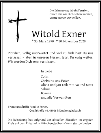 Traueranzeige von Witold Exner von trauer.extra-tipp-moenchengladbach.de