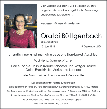 Traueranzeige von Oratai Büttgenbach von trauer.mein-krefeld.de