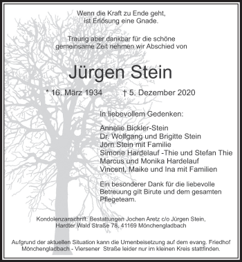 Traueranzeige von Jürgen Stein von trauer.extra-tipp-moenchengladbach.de