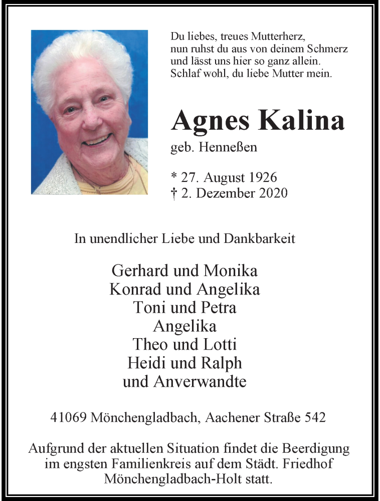  Traueranzeige für Agnes Kalina vom 06.12.2020 aus trauer.extra-tipp-moenchengladbach.de
