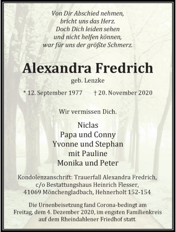 Traueranzeige von Alexandra Fredrich von trauer.extra-tipp-moenchengladbach.de