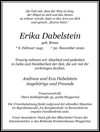 Traueranzeige von Erika Dabelstein von trauer.wuppertaler-rundschau.de