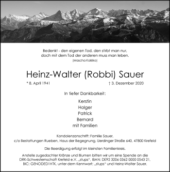 Traueranzeige von Heinz-Walter Sauer von trauer.mein.krefeld.de