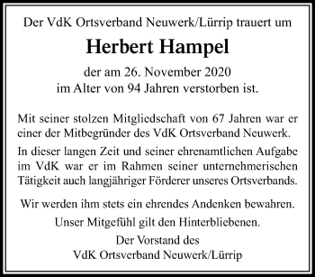 Traueranzeige von Herbert Hampel von trauer.extra-tipp-moenchengladbach.de